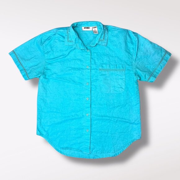 Vintage 90s Blue Button Up Shirt Eyelet Trim Boxy Fit Top Small - Picture 8 of 9